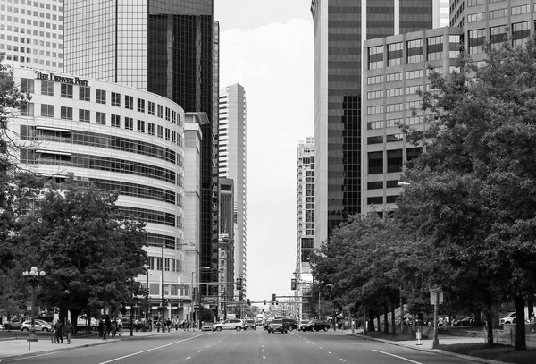 Denver, USA - May 25, 2016: Part of Capitol Hill in downtown including Broadway and Colfax Avenue with several office buildings. The picture is in monochrome.
