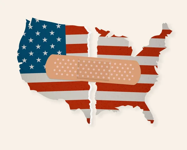 Mappa della bandiera americana lacerata - Rattoppata con un adesivo — Vettoriale Stock