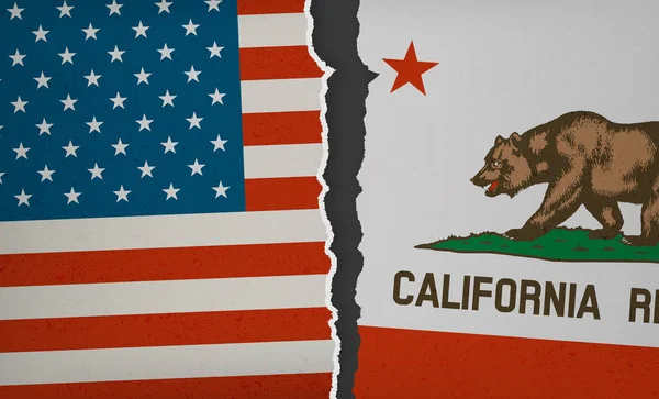 Bandeira dos EUA e da Califórnia dilacerada - Tensão política — Vetor de Stock