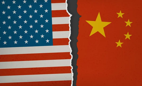 Bandera de Estados Unidos y China destrozada - Tensión política — Vector de stock