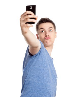 Genç çocuk bir ördek yüz Selfie - beyaz izole alarak