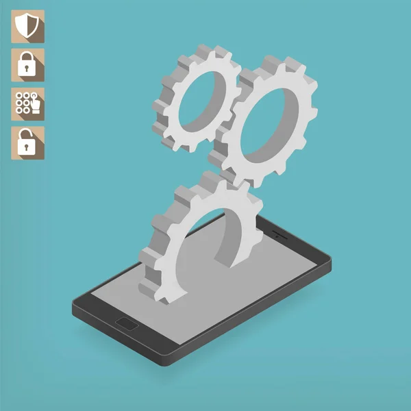 Изометрический смартфон с иконками Cogwheels и Security, плоский дизайн, синий фон — стоковый вектор