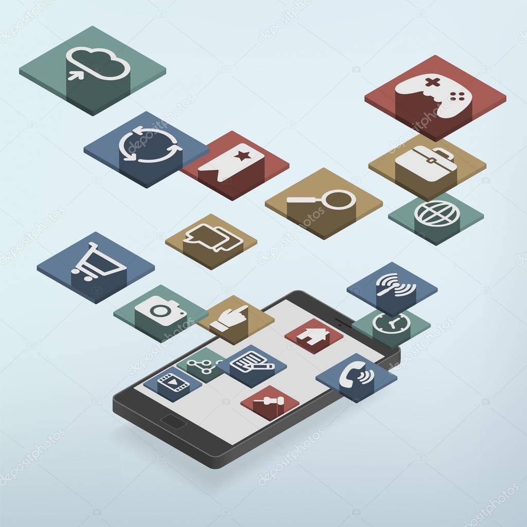 Isometric smartphone with Web Icons emerging and floating around, Flat design Style, Icon set