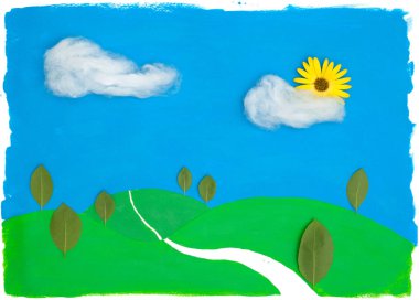 Şirin boyalı manzara, gerçek nesneler, küçük l ile dolambaçlı yol