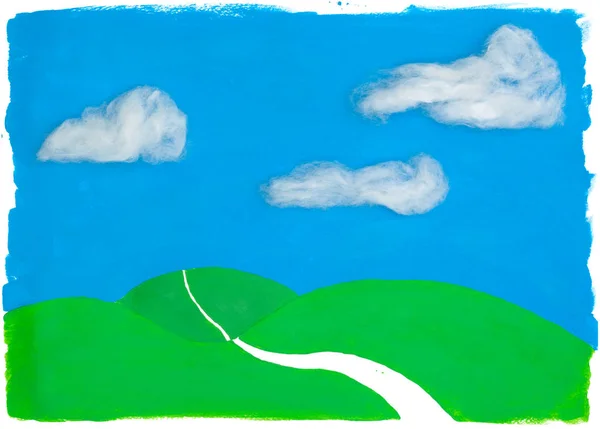 Cute Painted Landscape, winding road with real Objects, cotton w