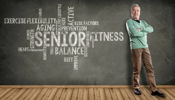 Happy Senior Man, Fitness Care Word Cloud on Blackboard backgrou
