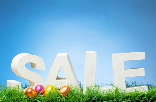 Venta de Pascua - Palabra sobre hierba y huevos con cielo azul y espacio de copia — Foto de Stock