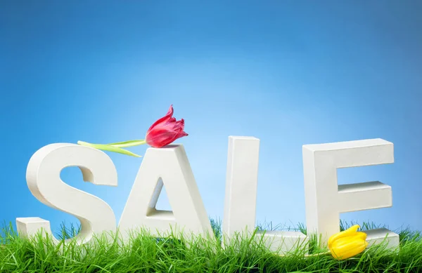 Lente Sale - Word op gras met tulpen en blauwe lucht en de kopie ruimte — Stockfoto