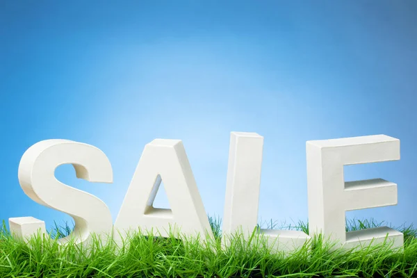 Algemene verkoop - Word / brieven op gras, blauwe hemel en kopie ruimte — Stockfoto