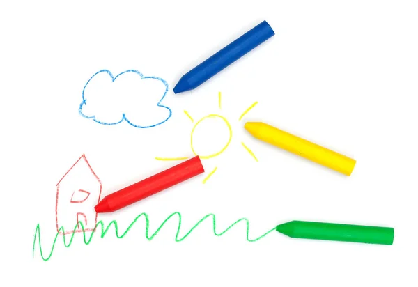 Lápices de cera para niños Dibujo con colores primarios - aislado en blanco —  Fotos de Stock