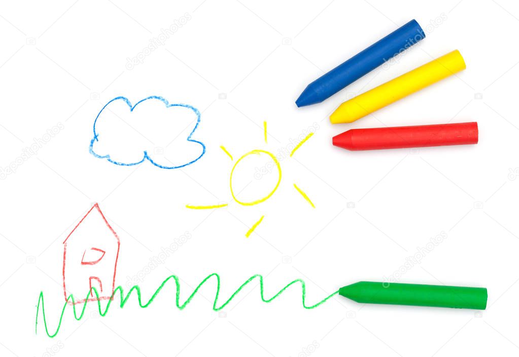 Wax Crayons Childrens Drawing with primary Colors - isolated on white