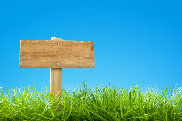 Zomer / Lente scène met groen gras en Clear Blue Sky - lege houten teken Post — Stockfoto