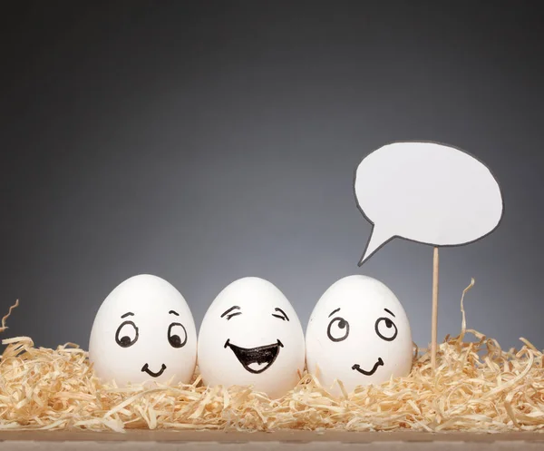 Graciosas historias de huevos de Pascua sosteniendo signos de estilo de cómic, caras dibujadas a mano con expresión: Happy Smiling — Foto de Stock