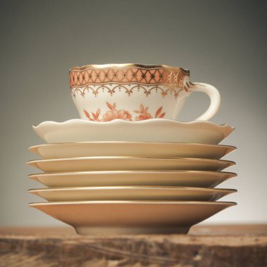 Vintage çay bardak çiçek dekorasyon ahşap bir masaya - kare kırpma ile