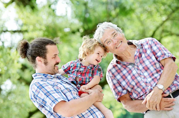 Generazioni Famiglia: Padre, figlio e nonno, all'aperto, in natura, godendo il loro tempo di qualità insieme, Tutti in camicia a scacchi — Foto Stock