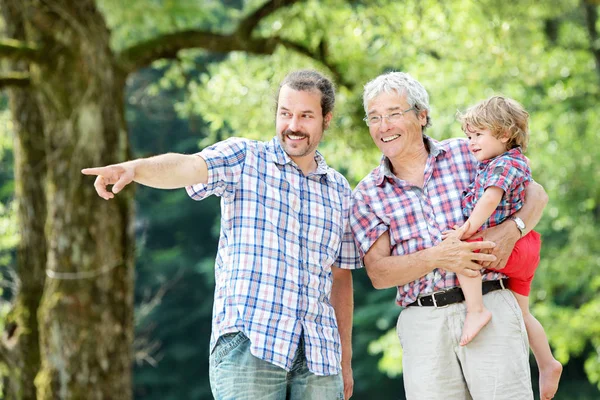 Generazioni Famiglia: Padre, figlio e nonno, all'aperto, in natura, godendo il loro tempo di qualità insieme, Tutti in camicia a scacchi — Foto Stock