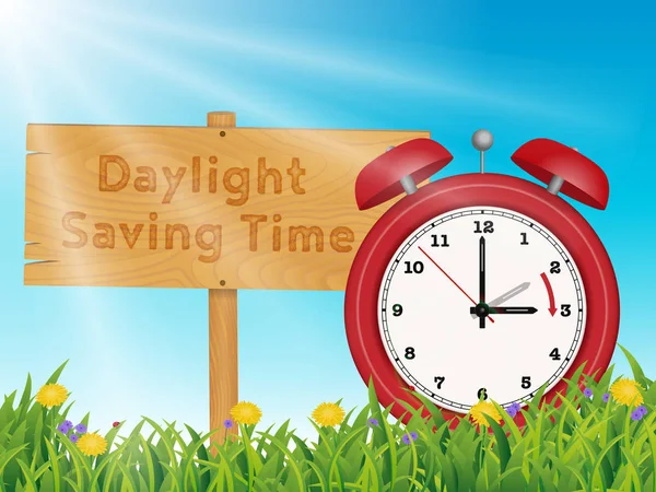 Daylight Saving Time herinnering, Cute kleine rode klok in de lente zomer gras scène, van twee tot drie uur — Stockvector