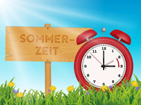 Nyári időszámítás emlékeztető, aranyos kis piros óra tavaszi nyári fű jelenet, két, három óráig — Stock Vector