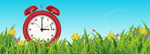 Daylight Saving Time herinnering, Cute kleine rode klok in de lente zomer gras scène, van twee tot drie uur — Stockvector