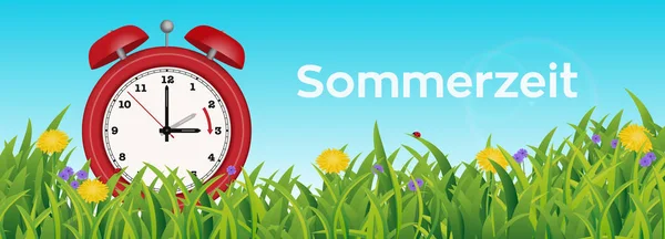 Daylight Saving Time Reminder, Relógio vermelho bonito pouco na primavera cena de grama de verão, das duas às três horas — Vetor de Stock