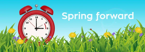 2 から 3 に春夏草シーンで夏時間アラーム、かわいい小さな赤い時計します。 — ストックベクタ