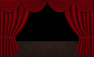 Vektör kırmızı tiyatro perdeler, ahşap sahne ve siyah arka plan, kopya alanı, yatay ile açık