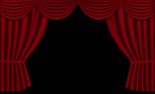 Vector Red Theater Curtains, Open with black background and Copy Space, Horizontal
