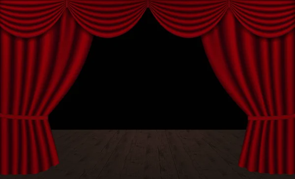 Vektor rote Theatervorhänge, offen mit Holzbühne und schwarzem Hintergrund, Kopierraum, horizontal — Stockvektor
