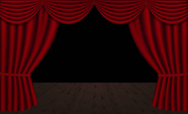 Vector Red Theater Curtains, Open with Wooden Stage and black background, Copy Space, Horizontal