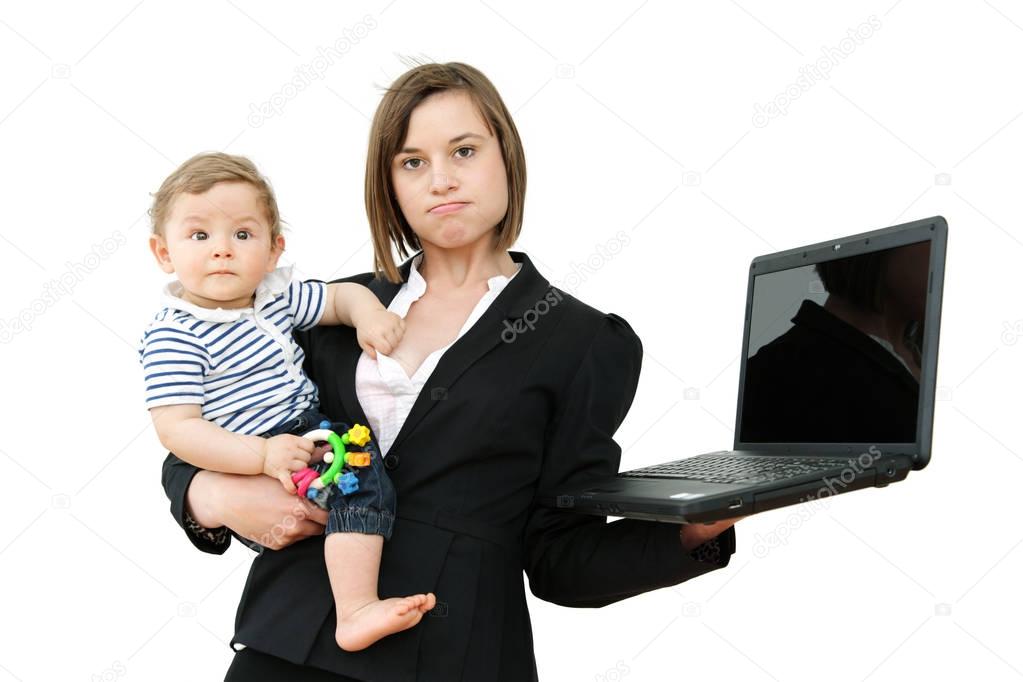 Lovely young working mother and her baby, Work Life Balance Concept, Isolated on White Background: Tired, unhappy