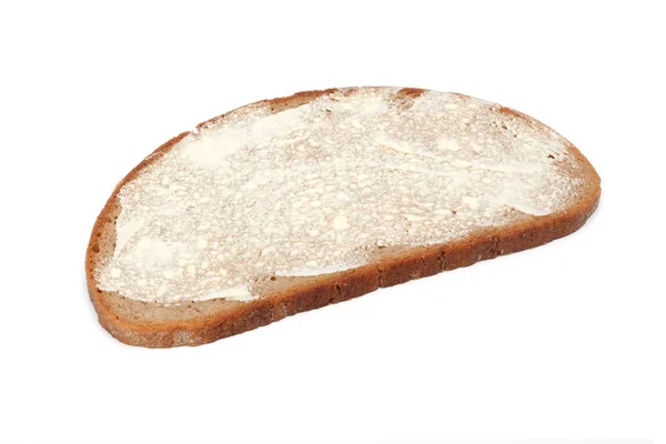 Vollkornbrotscheiben mit verschiedenen Belägen, wie Margarine, Marmelade und Käse, isoliert auf weißem Hintergrund - ausgeschnitten — Stockfoto