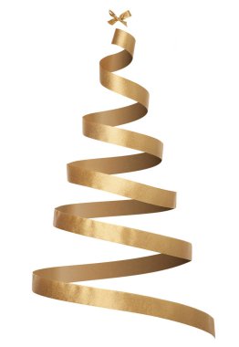 Altın şerit ve beyaz arka plan üzerinde izole küçük yay ile görünmez Noel ağacı