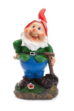 Bahçe Gnomes beyaz arka plan üzerinde kürek ile Bahçe süslemek için basit figürler izole