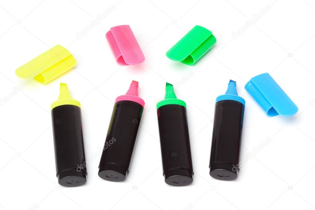 Higlighter Markers / Textliners: Yellow Pink Green and Blue, Isolated on White Background