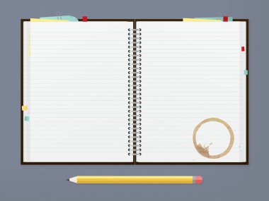 Boş sayfaları kahve lekesi ve kalem, vektör dosyası ile kopya alanı içeren günlüğü