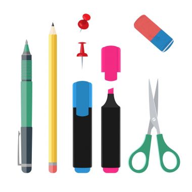 Office laboratuar, vektör dosya koleksiyon kümesi: kalem kalem fosforlu kalem işaretçileri silgi itme-pins ve makas. Beyaz arka plan üzerinde izole