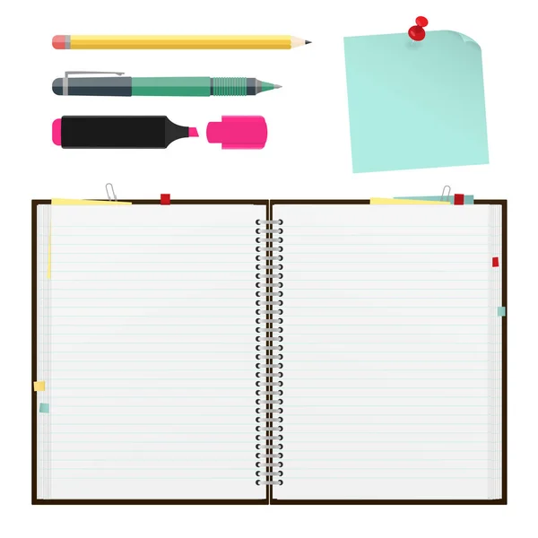Cuaderno de notas con páginas vacías, marcador de Higlighter de lápiz y nota adhesiva. Archivo vectorial con espacio de copia — Archivo Imágenes Vectoriales