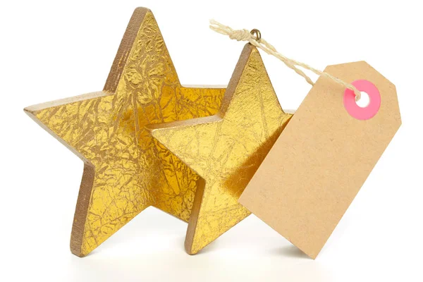 Різдво об'єктів, Isolated вирізав на білому тлі - золоті зірки з милий Порожня етикетка — стокове фото