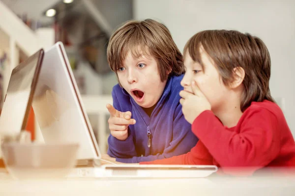 Hermanos en casa en su lugar estilo loft, divirtiéndose en laptops, serios, riendo, totalmente sorprendidos y divertidos —  Fotos de Stock