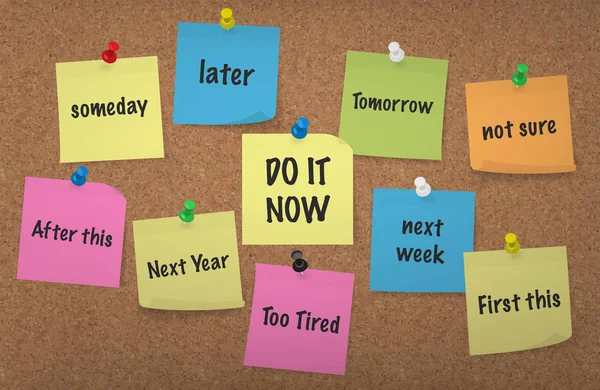 Bunu şimdi, erteleme kavramı: yapışkan notlar ile itme iğne mantar pano arka plan, çok renkli vektör çizim