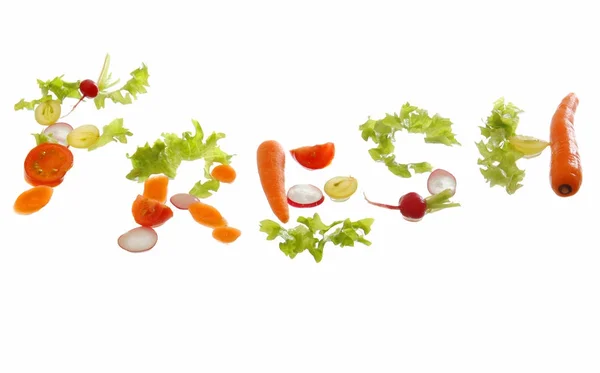 Асортимент здорових овочів, вимовляючи слово: FRESH ізольовано на білому тлі, з краплями води — стокове фото