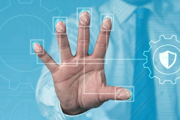 Biometrische scanning van een hand, met vingerafdrukken veilig van uw bedrijf: Close-up concept — Stockfoto