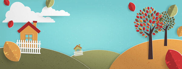 Fall Autumn Banner with cute houses and Copy Space, Vector Illustration, minimal landscape with a vintage feel