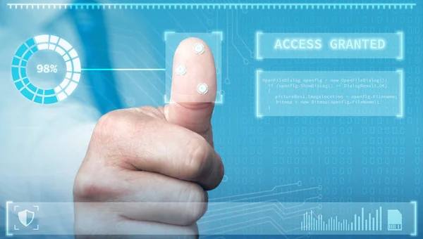 Биометрический отпечаток пальца с отпечатками пальцев для безопасности вашего бизнеса: концепция крупным планом, синий фон — стоковое фото