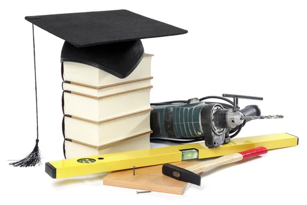 Hobi sınıfları kursları - mezuniyet kapakta yığını, kitaplar izole beyaz arka plan üzerinde ile kavram serisi - DIY ev geliştirme — Stok fotoğraf