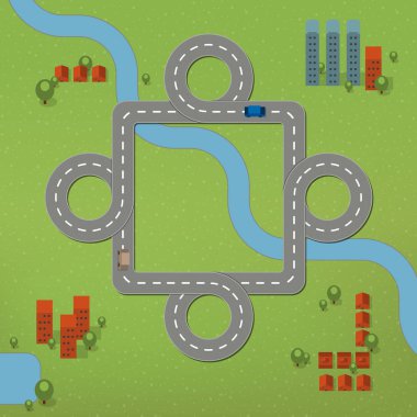 Yol haritası, peyzaj, evler ve trafik sokakta düz tasarım vektör çizim