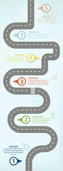 Road Map, Flat Design Illustrazione vettoriale Elementi infografici che mostrano le fasi del progresso aziendale — Vettoriale Stock