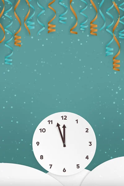 Новогодняя тематика Minimal Winter Landscape Postcard Design, with Hills, Clock, Party Streamers and Snow: Vector Illustration — стоковый вектор