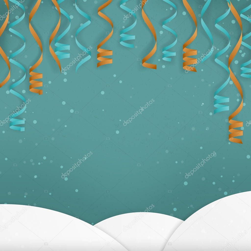 Festive New Year themed Minimal Winter Landscape  Design, with Hills, Party Streamers and Snow: Vector Illustration with Copy Space