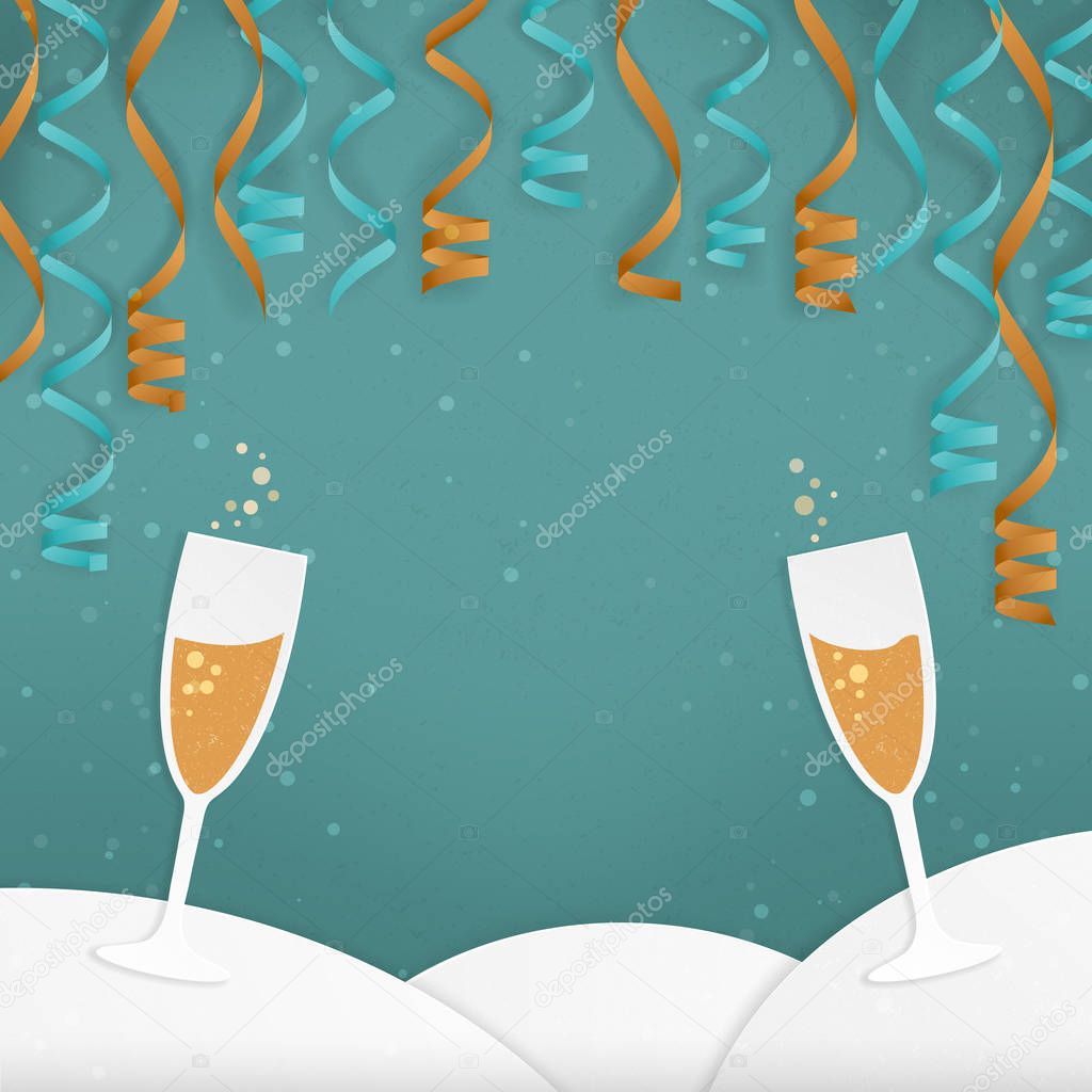 New Year themed Minimal Winter Landscape  Design, with Hills, Champagne glasses, Party Streamers and Snow: Vector Illustration